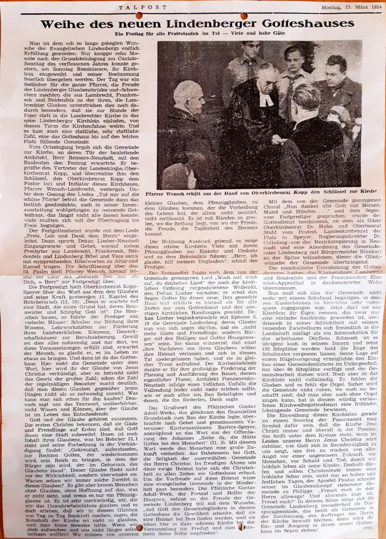 Artikel aus der TALPOST vom 15. März 1954